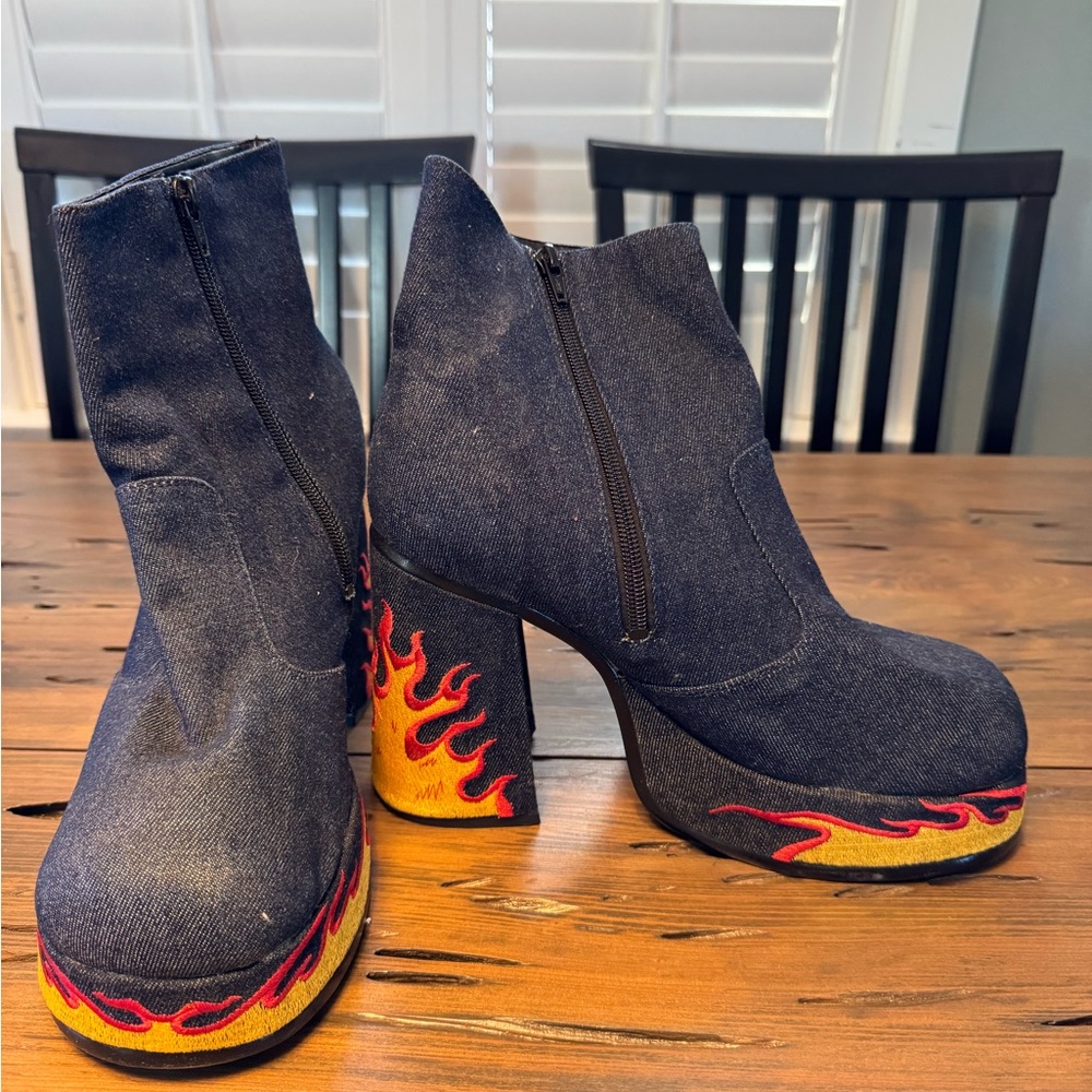 Y2K Flame Denim Platform Ankle Boots | Women's 10 | 4.5" Heel